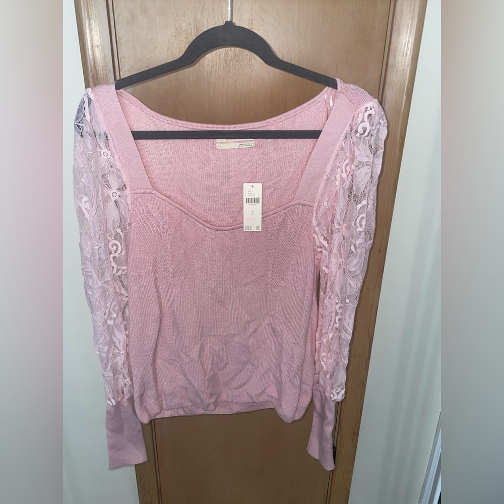 NWT Anthropologie Women's Pink Knit & Lace Blouse